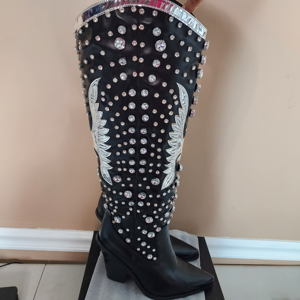 AZALEA WANG Upbeat Black Jeweled Rhinestone Tall Western Cowboy Boots 7-11 NWT - Picture 12 of 14